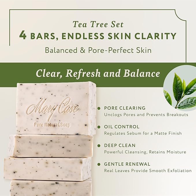 Mary Case Tea Tree Bar Soap Set of 4 | Natural Soap with Olive, Coconut & Tea Tree Oils + Real Tea Tree Leaves | Vegan Bath Soap for Men & Women | Balancing Oily Skin & Clearing Pores