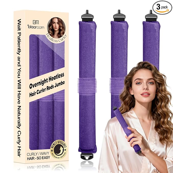 Overnight Heatless Hair Curler, Upgraded with Hair Pad Grippers Satin Jumbo Flexi Blowout Curls Rods, 3pcs No-Heat Styling Tools Curling Rod to Sleep in for All Hair Types - Purple