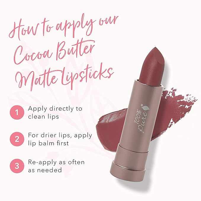 100% PURE Cocoa Butter Matte Lipstick Full Stay All Day Coverage, Lasting Moisturizing & Softening Natural Lip Color for All Skin Tones, Vegan Fruit Pigmented Savanna (Pink Mauve Cocoa) - 0.15 oz