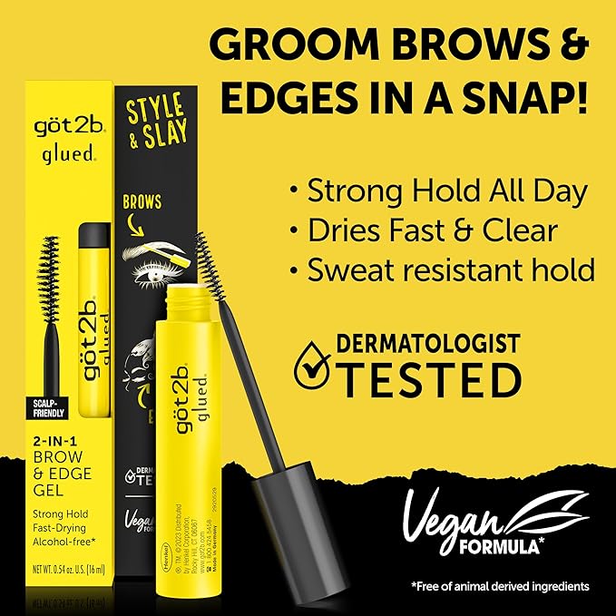 Got2B Glued 2-in-1 Brow Gel & Edge Control, 0.54 Fl Oz, Strong Hold Styling Eyebrow Gel and Hair Mascara for Flyaways and Frizz with Castor Oil, Sweat-Resistant with Quick Dry, Clear Finish