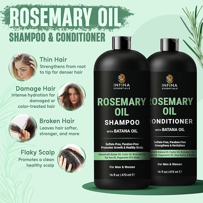 INFINA ESSENTIALS Rosemary Oil Shampoo and Conditioner Set | 16 fl oz Each | with Batana Oil & Biotin | Sulfate-Free Thickening Formula for Thinning Hair | For Men & Women | Made in USA