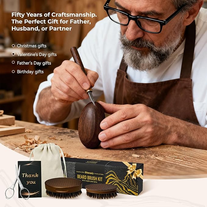 Bituemly Beard Brush for Men, Travel Pocket Mustache Brushes Grooming Kit with Natural Boar Bristle and Sapele Wood, Folding Scissors & Pouch, Facial Hair Brush Detangles & Shine, Stocking Stuffers