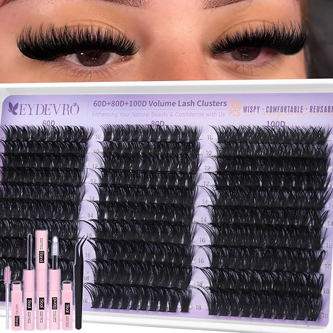 EYDEVRO Lash Clusters Kit 60D80D100D Volume Lash Extension Kit Wispy Cluster Eyelash Extensions Eyelash Extension Kit 10-18mm D Curvature Cluster Lashes with Lash Bond and Seal Tweezers Brushes