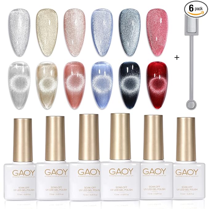 GAOY Holographic Glitter Cat Eye Gel Polish Set of 6 Colors with Free Magnet UV LED Soak Off Nail Polish Home DIY Manicure Nail Salon Varnish