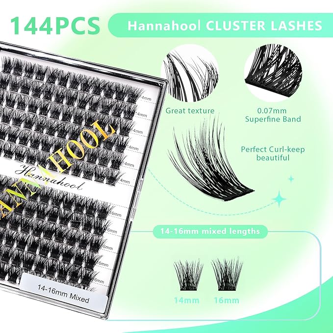 12rows-Large Tray Mixed 8-10-12-14-16mm/Mixed 14-15-16mm/Mixed14mm-16mm/Mixed 18-20mm Wide Stem Individual False Eyelashes Dramatic Black Cluster Eyelashes (Lashes Kit-14-16MM)