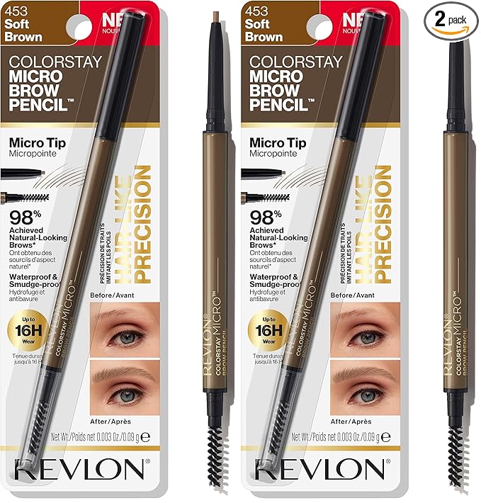 Revlon ColorStay Micro Eyebrow Pencil with Built In Spoolie Brush, Infused with Argan and Marula Oil, Waterproof, Smudgeproof, 453 Soft Brown, 0.003 oz (Pack of 2)