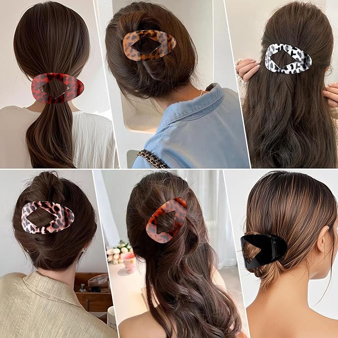 Atoden Large Flat Round Hair Clips Oval Claw Clips for Thick Medium Thin Hair 6Pcs Non Slip Strong Hold Barrettes Duckbill Accessories for Women Girls Leopard Tortoise Shell Color