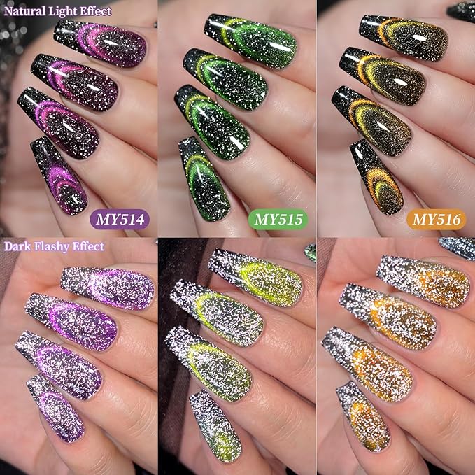 Born Pretty Reflective Glitter Cat Magnetic Eye Gel Nail Polish Chameleon Holorgraphic Glitter Sparkly Shiny Disco DJ LED Magnetic Gel Polish Nail Varnish 6PCS 7ML