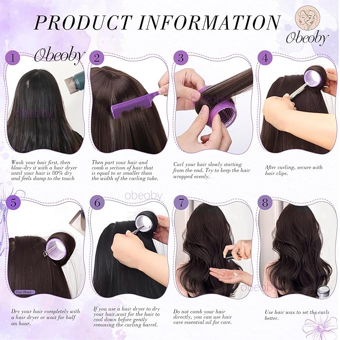 obeoby 4 Sizes Rollers Hair Curlers, 50 Pcs Set Jumbo Hair Rollers 25mm 36mm 48mm 60mm Self-Grip Hair Rollers with Clips, Curlers for Women Long, Short Hair and Bangs (Purple)