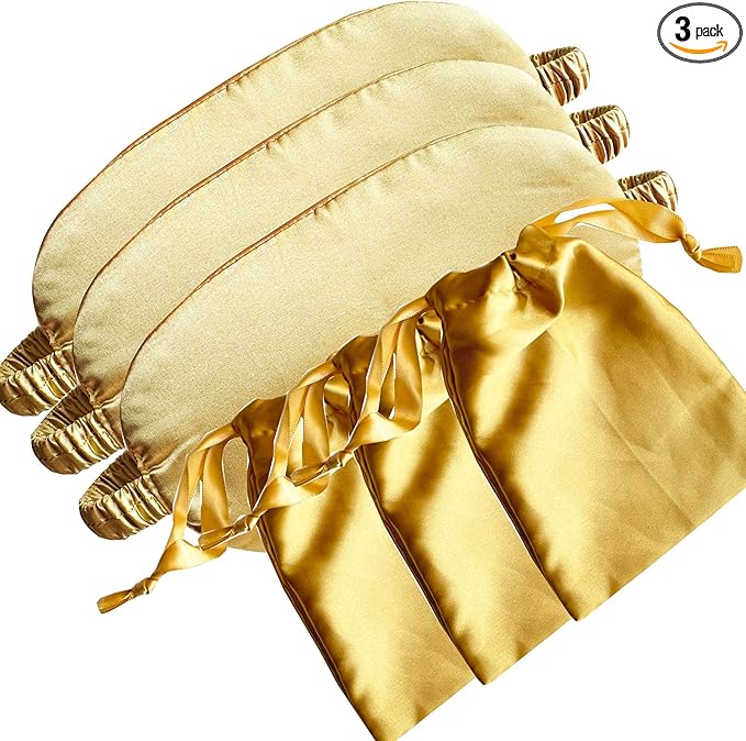 [3 Pack] QSYW Sleep Masks, Satin Eye Mask for Sleeping - Silky Eye Masks Bulk with Storage Bag & Elastic Strap, Golden