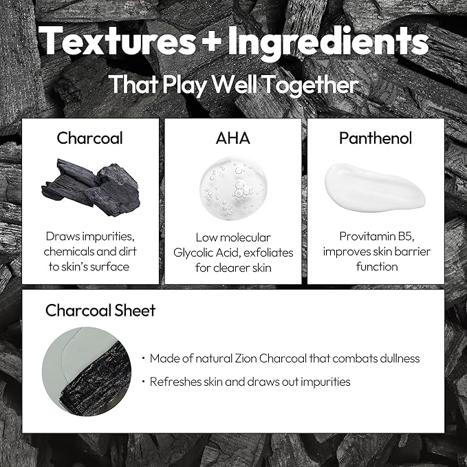 LAPCOS Charcoal Sheet Mask - Pore Refining & Gently Exfoliating Face Masks with Salicylic Acid and Tea Tree Oil to Purify & Tighten Skin - Highly Breathable Sheet - Korean Skin Care (Pack of 5)