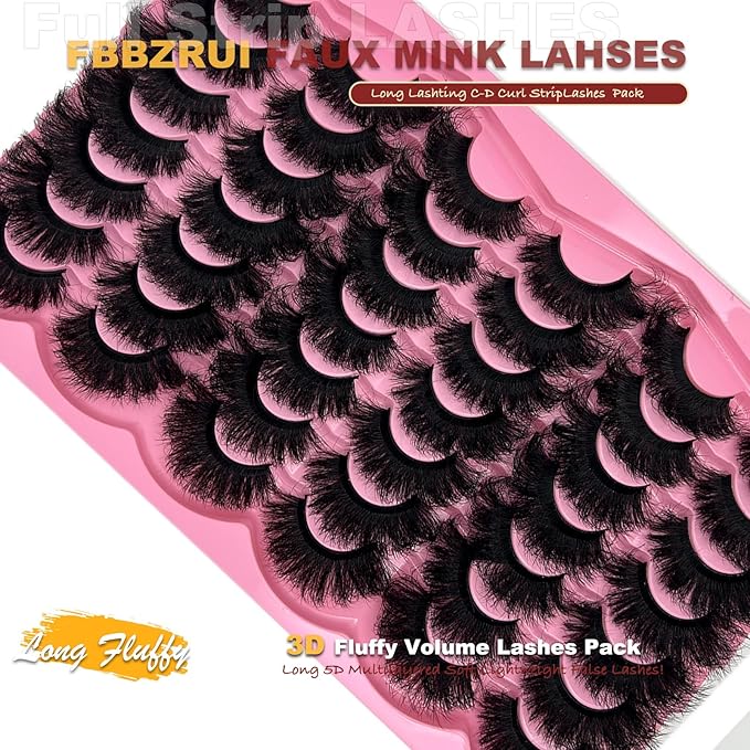Mink Lashes Fluffy Big Dramatic Cat Eye Strip Lashes Pack D Curl 25mm Long 3D Volume Thick Faux Mink False Eyelashes Bulk 21 Pairs