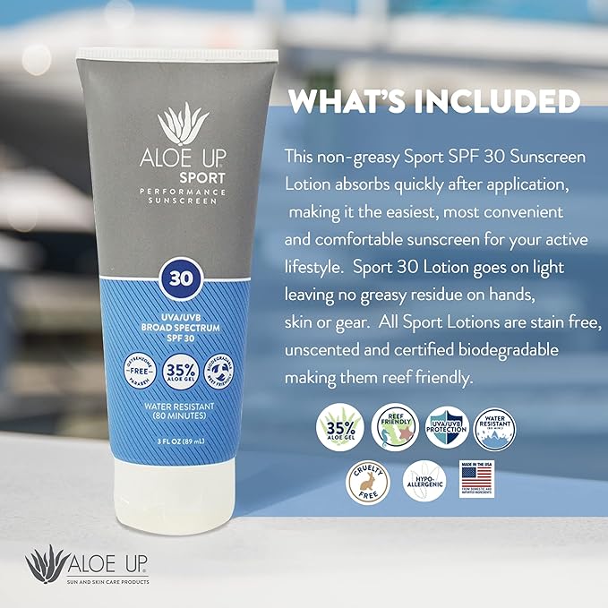 Aloe Up Sport Sunscreen Body Lotion SPF 30 | Broad Spectrum Sunblock Aloe Vera Gel | Non-Greasy,Skin Sun Protection, No White Cast | Reef Friendly, Water Resistant 80 Minutes | Fragrance-Free, 3 Oz