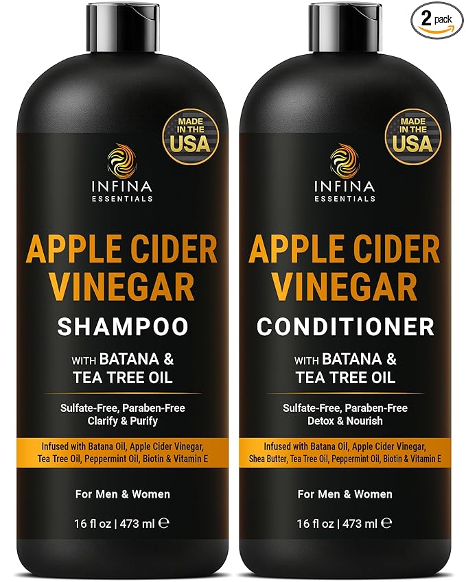 INFINA ESSENTIALS Apple Cider Vinegar Shampoo and Conditioner Set | Clarifying & Detoxifying for Oily Scalp | 16 fl oz Each | with Batana Oil, Biotin & Tea Tree Oil | Men & Women | Made in USA