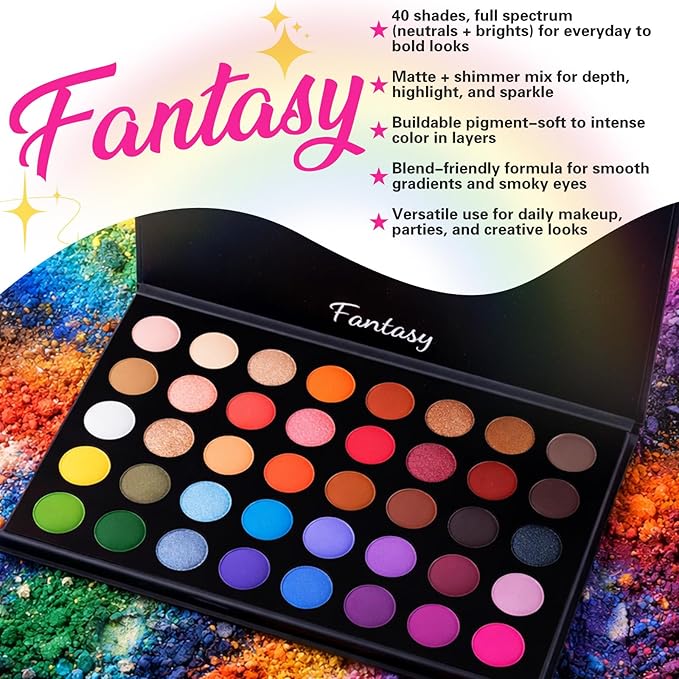 CHARMCODE 40 Colors High Pigmented Shimmer Matte Eyeshadow Makeup Palette Full Spectrum Artist Glitter Metallic Waterproof Creamy Blendable Eye Shadow Cosmetics (Color 1)