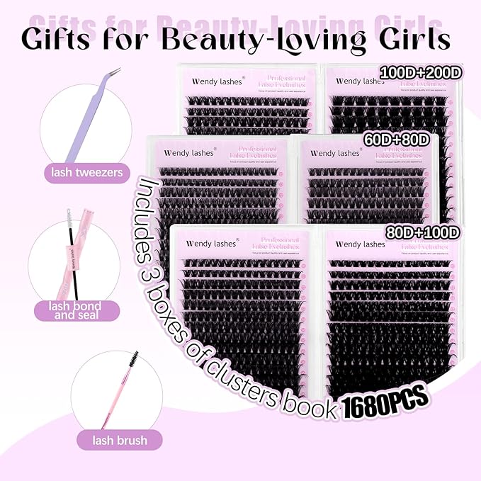 WENDY LASHES Clusters Kit 60D+80D+80D+100D+100D+200D 1680Pcs Wispy Eyelash Clusters 10-18mm Natural DIY Lash Extension Kit D Curl for Beginners