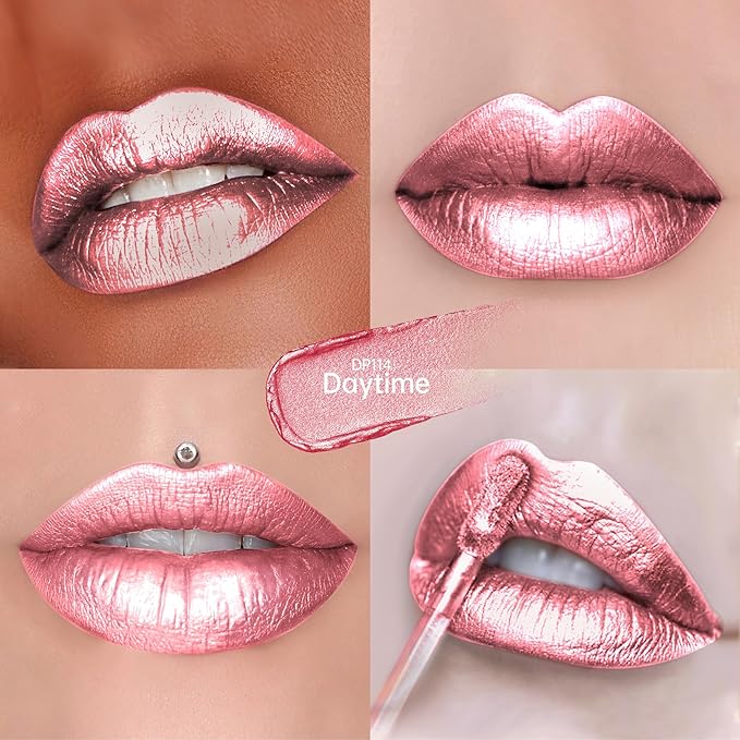 Depuplum Pink Lipsticks for Women Metallic Lipstick Long Lasting Shimmer Lip Gloss Metal Shine Glitter Waterproof Lipsticks Full Coverage Lip Color for Mother's Day,DP114 Daytime