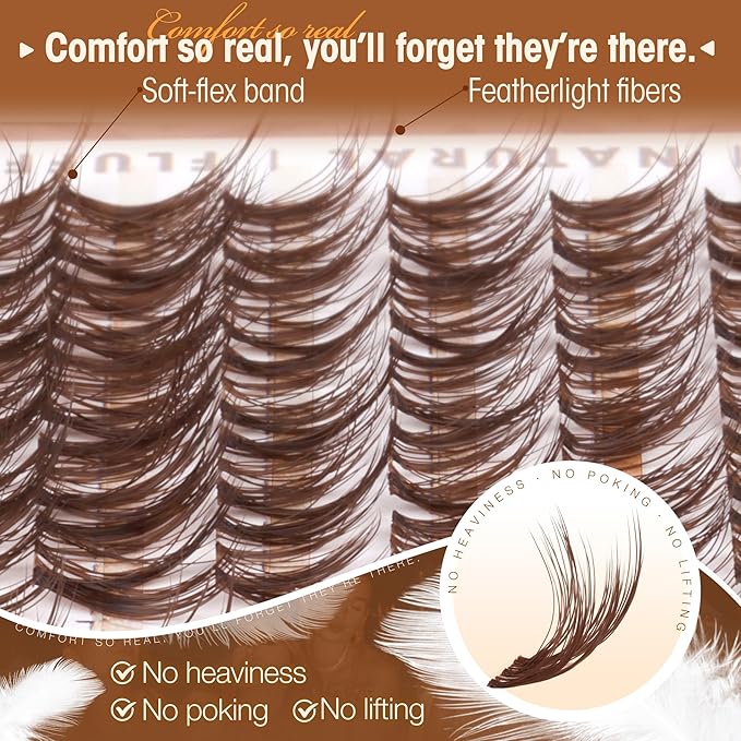 Brown Lash Clusters 10-12-14MM Natural Wispy Eyelash Extensions Airy Fluffy Spider Lash Extension with C-Curly & Ultra-Fine Clear Band for Everyday Wear, Beginer-Friendly