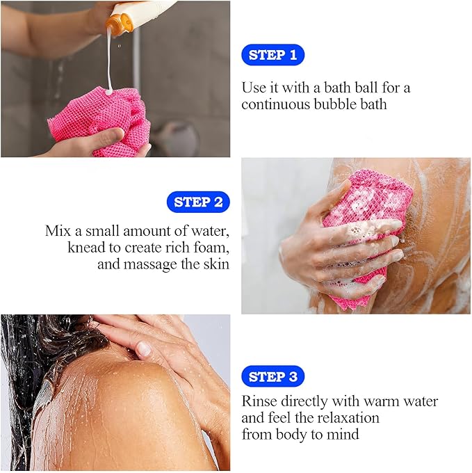 African Net Sponge - Deep Exfoliating Body Scrubber - Ultra Long African Net Sponge Reaches All Back Areas, Gently Buffs Away Dry Flaky Skin for a Renewed Feel, Home Spa Experience（Rose red）