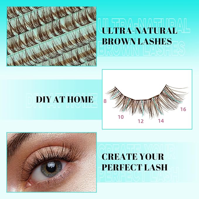 Brown Lash Clusters 176 Pcs Wispy Eyelash Extensions Natural Individual Lashes C Curl Dark Brown Cluster Lashes Beginner Friendly DIY Eyelashes Cluster at Home for Everyday Wear(Halos,8-16mm)