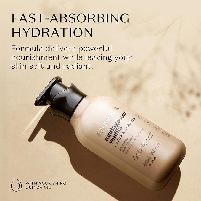 Nativa SPA by O Boticário, Madagascar Vanilla Moisturizing Body Lotion, Fragranced Skin Moisturizer with Purified Quinoa Drops, 13.5 Ounce