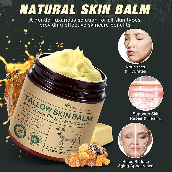 Handmade Tallow, Organic Castor Oil, and Frankincense Oil Face Balm, 100% Grass-Fed Tallow for Skin Care, Face & Body Moisturizer for Sensitive Skin & Dry Skin Age Defying, Natural Lotion