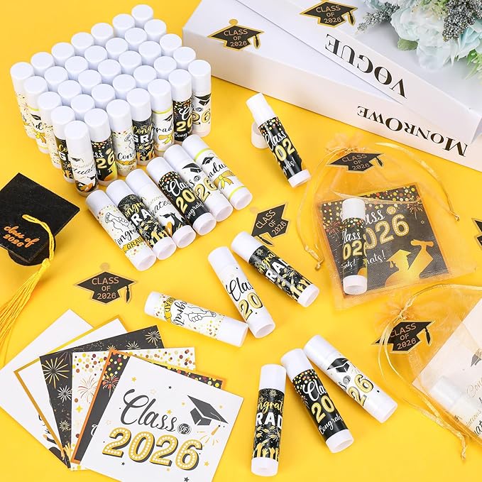50 Set 2026 Graduation Gift Bulk Lip Balms Class of Graduation Party Favors with 6 Assorted Flavors Inspirational Graduation Gifts with 50 Organza Bags and Cards for Students Graduation Party