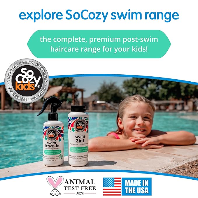 SoCozy Swim Leave In Conditioner Spray & Treatment for Kids Hair (8 Fl Oz) Protects & Repairs Pool, Sun & Salt Damaged Hair, Gentle Formula with Activated Charcoal, Vitamin B5 & Sunflower Seed Extract