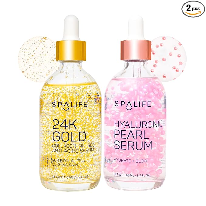 SpaLife Beauty Pearl Hyaluronic Acid Serum & 24k Gold Anti Aging Serum | AM/PM Facial Routine Duo | Deep Collagen Hydrating Treatment | Firming Wrinkle Face Skincare | 2 x 3.7 Fl. Oz.