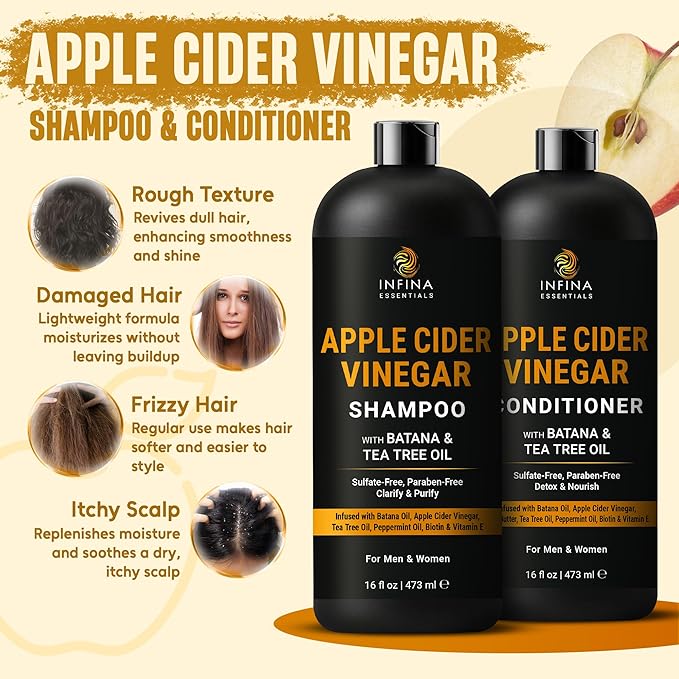 INFINA ESSENTIALS Apple Cider Vinegar Shampoo and Conditioner Set | Clarifying & Detoxifying for Oily Scalp | 16 fl oz Each | with Batana Oil, Biotin & Tea Tree Oil | Men & Women | Made in USA