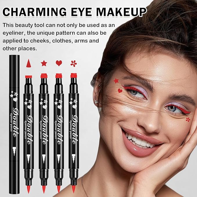 4PCS Red Eyeliner Stamp,Double-headed Red Liquid Eyeliner Pencil for Eye Makeup,Long-lasting Delineador de Ojos Contra el Agua (Star,Triangle,Flower,Heart Eyeliner Stamp)
