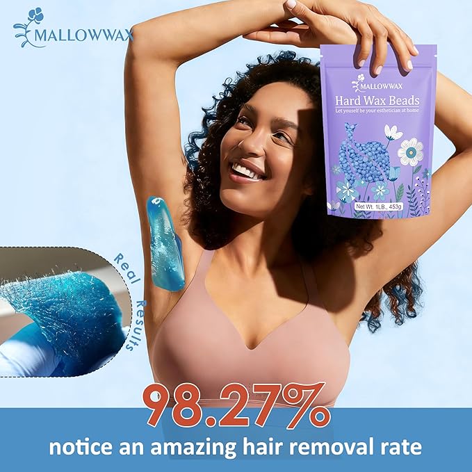 Mallowwax Hard Wax Beads, 1lb Blue Stripless Wax For All Skin Types, Brazilian Wax Beads For Bikini Wax, Face, Eyebrows, Underarms, Legs, Full Body Hair Rmoval For Women and Men