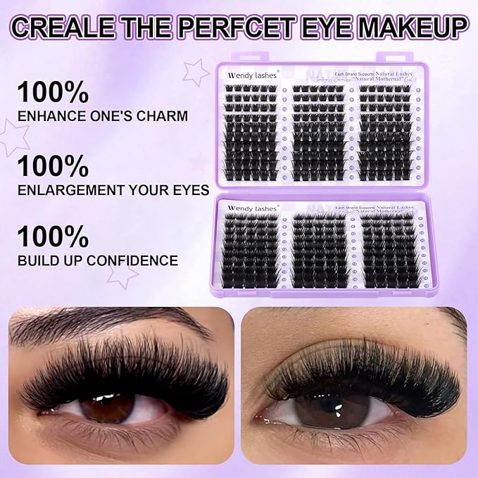 WENDY LASHES Clusters 150D+200D Eyelash Clusters 330PCS 9-16mm D Curl Natural Lashes Fluffy Wispy False Eyelashes DIY Cluster Eyelash Extensions