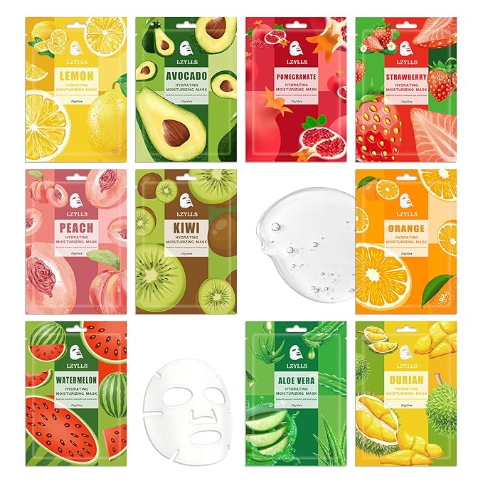 10 Pack Sheet Face Mask Set,Moisturizing Long Lasting Facial Sheet Masks Combo,Hydrating Face Masks for All Skin Types