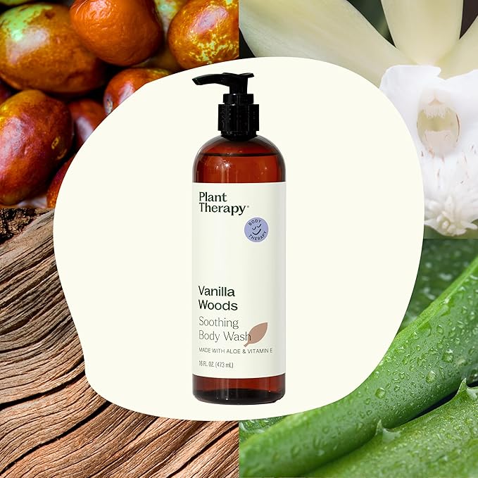 Plant Therapy Vanilla Woods Natural Body Wash 16 oz For all Skin Types, Sulfate Free Body Wash, For Men or Women, Sophisticated Sweet & Woody Scent, Lush, Hydrating Lather, Cleanses & Soothes Skin