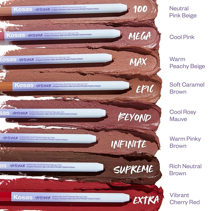 Kosas Hotliner Retractable Lip Liner Pencil with Built-In Brush & Sharpener - Easy Contouring, Hydrating, Long-Lasting - Pigmented Creamy Texture for Plumping Lips- Hyaluronic Acid & Konjac - Supreme