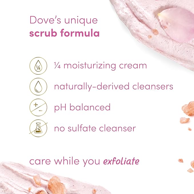 Dove Body Wash 4 Count Renewing Peony and Rose Oil and Body Scrub 3 Count Himalayan Salt & Rose Oil