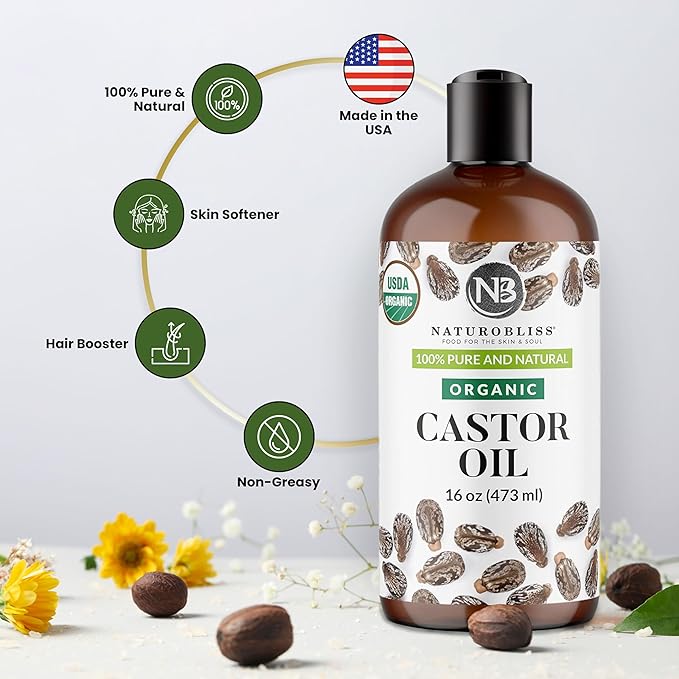 NaturoBliss Organic Castor Oil 16 oz – 100% Pure, Expeller-Pressed, Hexane-Free – Value Size Beauty Oil for Hair, Eyelashes, Eyebrows, Skin & Scalp, with Beauty Starter Kit – USDA Organic, GCMS Tested