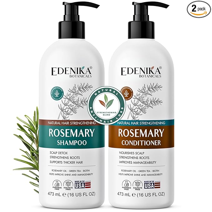 Edenika Botanicals Rosemary Oil Shampoo & Conditioner Set with Biotin for Thinning Hair & Anti-Hair Loss, Strengthening Botanical Formula, Women & Men, Sulfate-Free, Organic, 16 fl oz Each