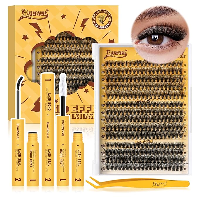 QUEWEL DIY-Lash-Extension-Kit, 3D Fluffy-Lashes-Clusters-Kit with 280PCS 30+40+50D Lashes Clusters Mixed 10-16mm Eyelash Clusters, Lash Bond and Seal, Eyelashes Tweezers DIY at Home(3D 30+40+50 KIT)