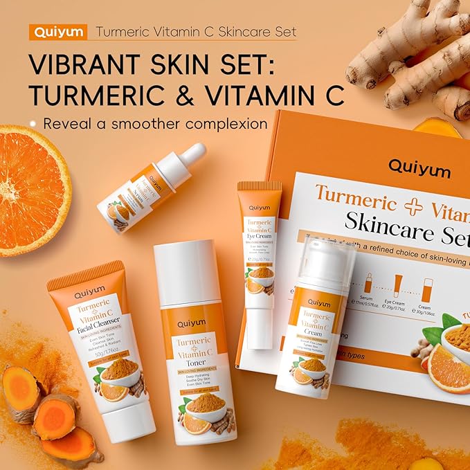 QUIYUM Skin Care Set, Turmeric Vitamin C Skincare Kits 5PCS - Beauty Facial Skin Care Routine Set Kit for Women, Dark Spot Remover for Face, Reduce Acne, Even Tone, Glow, Valentine's Day Birthday Gift