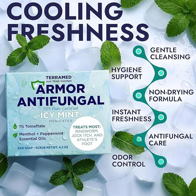 Antifungal Soap Infused with Peppermint Essential Oil | Medicated Tolnaftate 1% Soap for Itchy Skin, Athlete’s Foot, Ringworm & Jock Itch Treatment | Spearmint Freshness Bars Pack of 2 with Scrubber