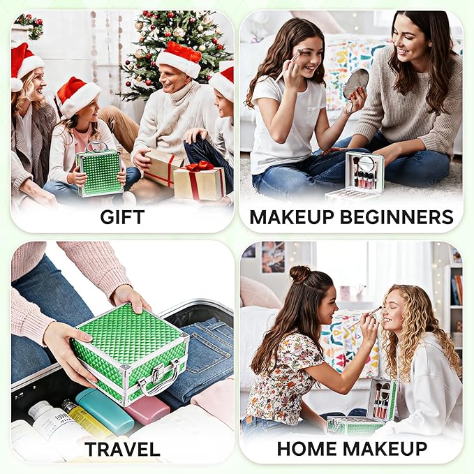 Color Nymph Beginner Makeup Kit For Teens With The Small Cosmetic Train Case Included 24-Colors Eyeshadow Palette Blushes Bronzer Highlighter Lipstick Brushes Mirror(Green)