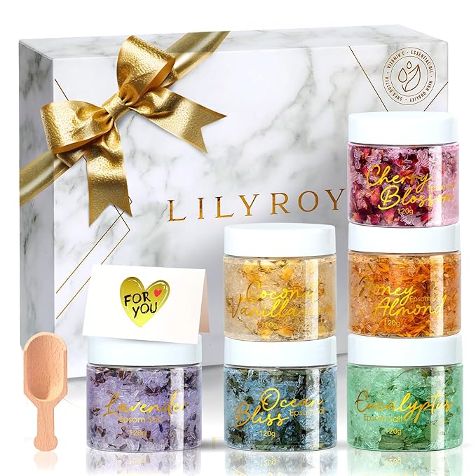 Gifts for Women & Men - 9-Piece Floral Epsom Salt Gift Set for Women with 6 x 120g Epsom Salt, Bath and Body Gift Set in Elegant Box | Christmas, Mothers Day, Valentines Day, Birthday Gifts