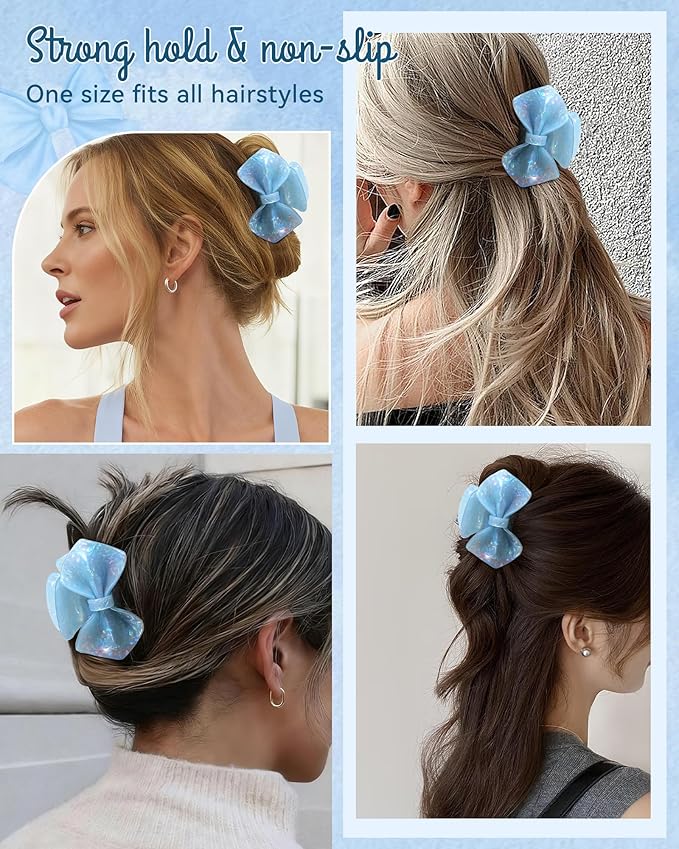 ACECHA Cute Bow Claw Clip - 3.1 Inch Sparkly Hair Claw Clips for Women, Non-slip Hairclips for Thin and Thick, Elegant Hair Accessories for Wedding Prom Party (Blue)