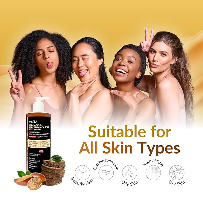 Nasola African Black Soap Body Wash with Kojic Acid, Vitamin C, Retinol, Niacinamide, Shea Butter, Collagen & Hyaluronic Acid – Deep Cleansing, Skin Clarifying & Hydrating Men & Women Body Wash