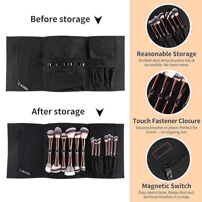 MAANGE Makeup Brush Set with Gift Box, Double-ended Makeup Brushes for Foundation Contour Powder Concealer Eyeshadows Blending, Makeup Tools, Mothers Day Gifts (Coffee Brown, 13 PCS)