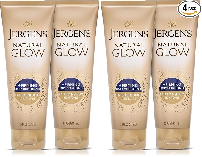 Jergens Natural Glow +Firming Self Tanner Body Lotion, Fair to Medium Skin Tone, Sunless Tanning Moisturizer with Collagen and Elastin. Helps to Visibly Reduce Cellulite, 7.5 Fl Oz (Pack of 4)