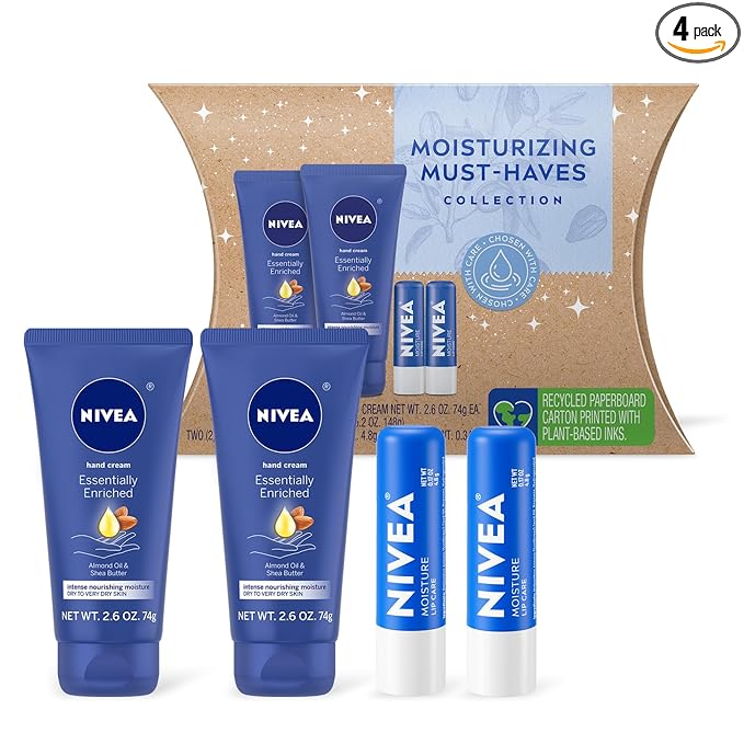 NIVEA Moisturizing Must-Haves Skin Care Set, Essentially Enriched Hand Cream with Almond Oil and Shea Butter, 2.6 Oz Tube (Pack of 2) + Moisture Lip Care Lip Balm, 0.17 Oz Stick (Pack of 2)