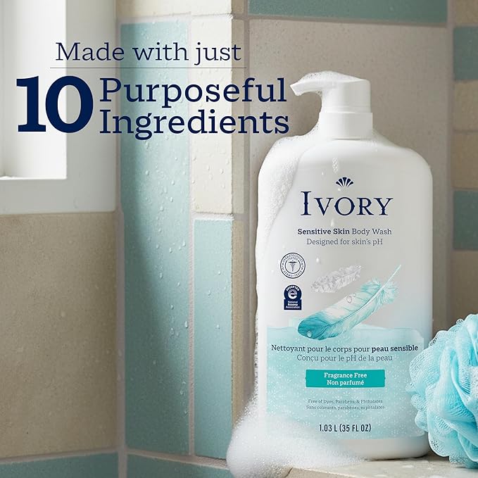 Ivory Body Wash, Designed for the Whole Family, Gentle Formula, Free of Dyes Heavy Perfumes Parabens Phthalates & Silicones, Designed for Skin's pH, Fragrance-Free, 35 oz